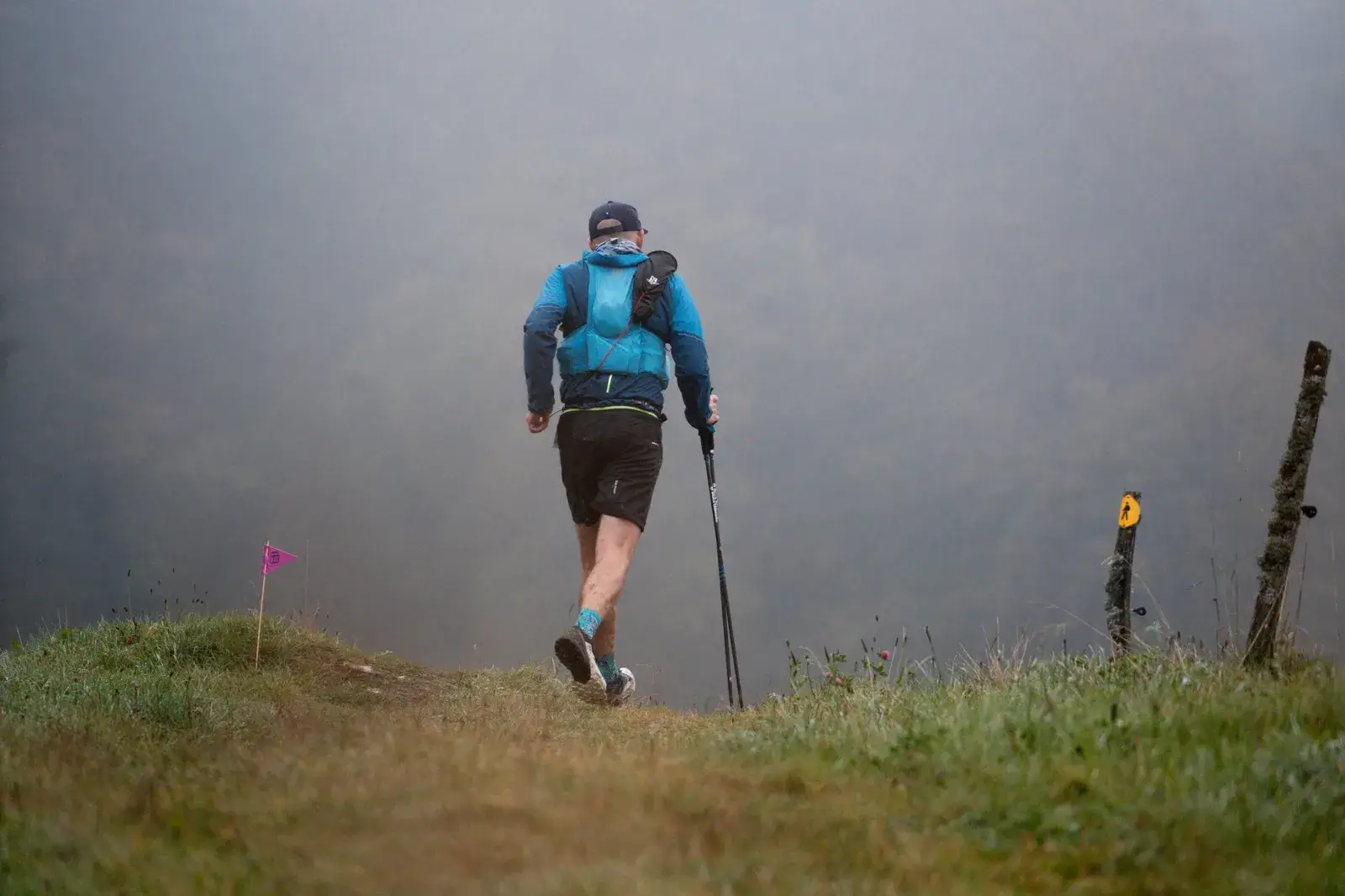 A runner with his poles on a trail in the fog, trail markers planted in the grass